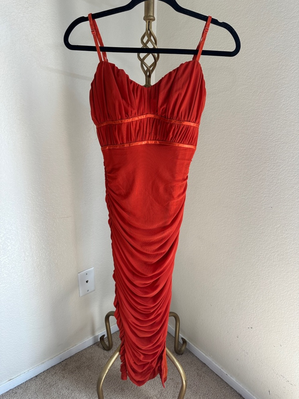 privy Red Ruched Midi Dress with Spaghetti Straps